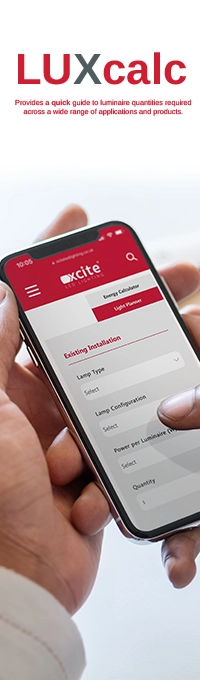 Person using LUXcalc on mobile phone. LUXcalc, Provides a quick guide to luminaire quantities required across a wide range of applications and products.