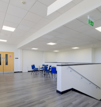 Communal area featuring escape route signage