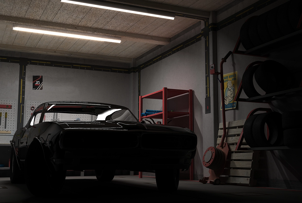 xcite x1 batten in garage with dodge charger